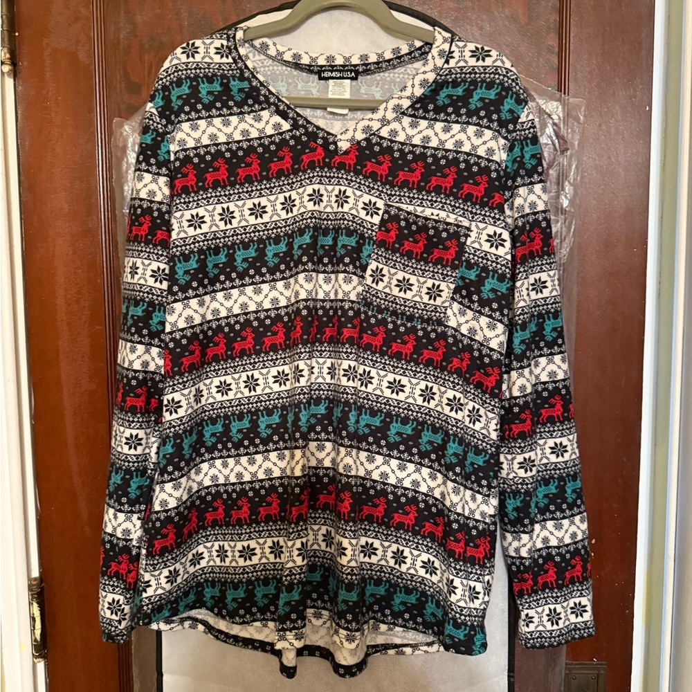 HEIMISH USA Festive Reindeer Print Top - Red, Blue, Black, White